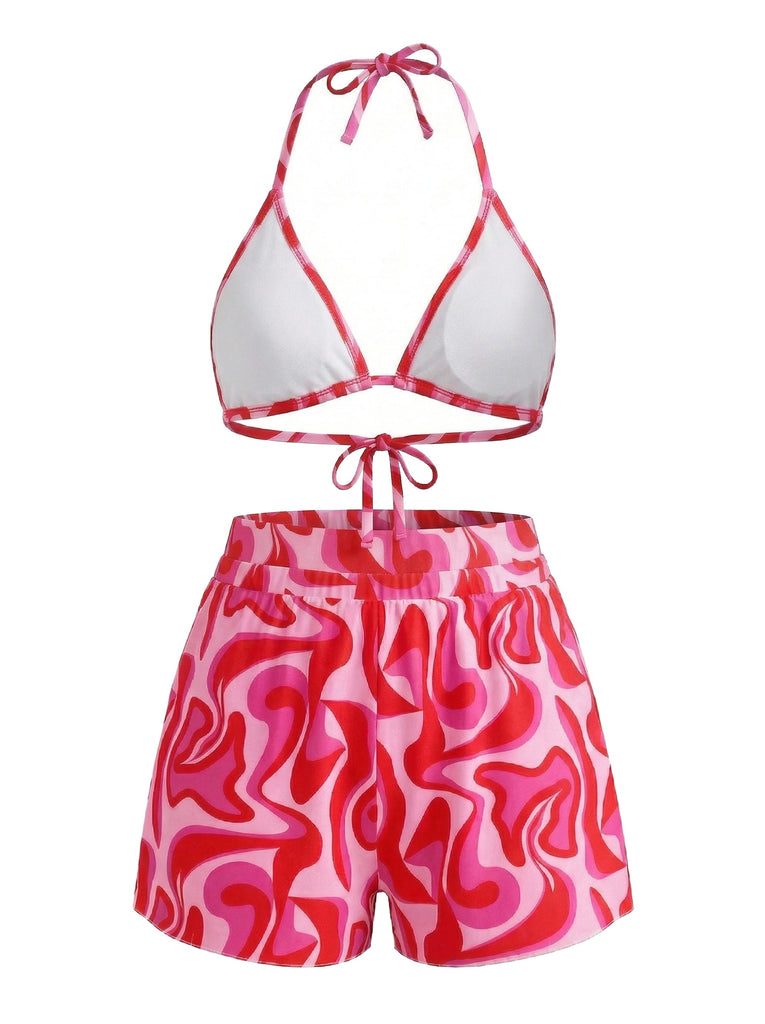 1940s Abstract Printed Halter Bikini Set & Cover-Up - vintage swimsuit, pin-up swimwear for vintage lovers