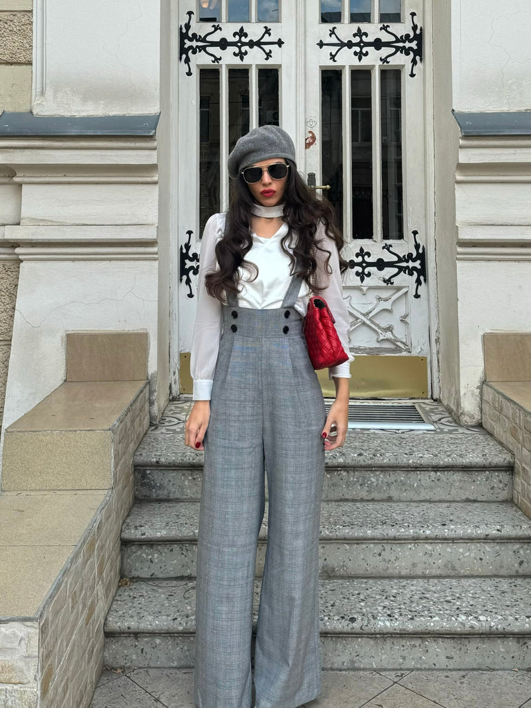 2PCS 1940s Satin Puff Sleeve Blouse & Glen Plaid Overall Pants - vintage fashion, retro style