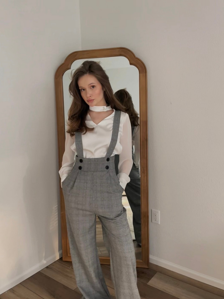 2PCS 1940s Satin Puff Sleeve Blouse & Glen Plaid Overall Pants - vintage fashion, retro style