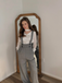 2PCS 1940s Satin Puff Sleeve Blouse & Glen Plaid Overall Pants - vintage fashion, retro style