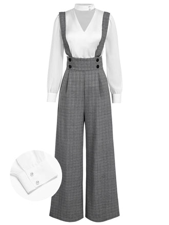 2PCS 1940s Satin Puff Sleeve Blouse & Glen Plaid Overall Pants - vintage fashion, retro style