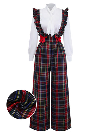 2PCS White & Black 1940s Blouse & Tartan Overall Pants - vintage fashion, retro style, classic black