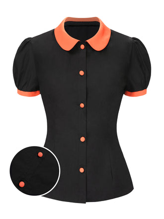 Black 1940s Peter Pan Collar Halloween Puff Sleeve Blouse - vintage fashion, retro style, classic black