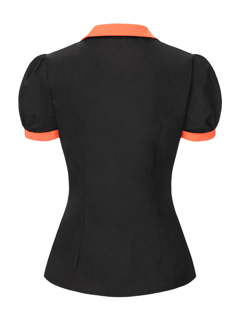 Black 1940s Peter Pan Collar Halloween Puff Sleeve Blouse - vintage fashion, retro style, classic black