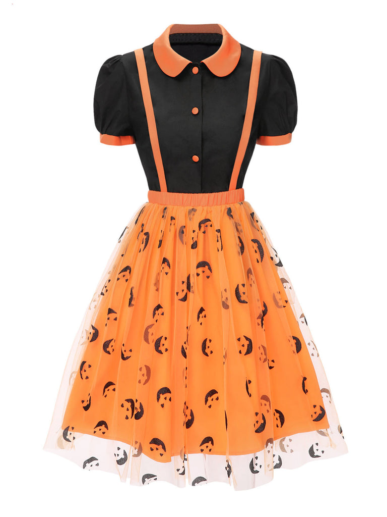 2PCS 1940s Halloween Peter Pan Collar Blouse & Smiley Face Mesh Skirt - vintage skirt, retro style