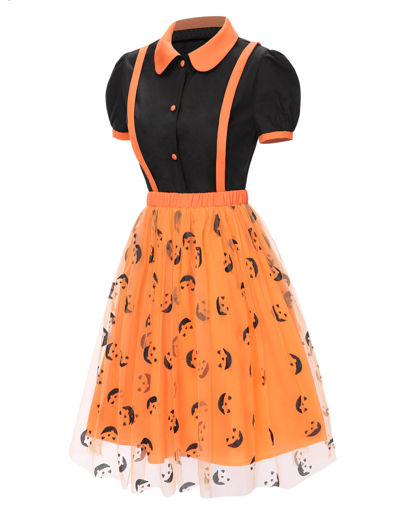 2PCS 1940s Halloween Peter Pan Collar Blouse & Smiley Face Mesh Skirt - vintage skirt, retro style