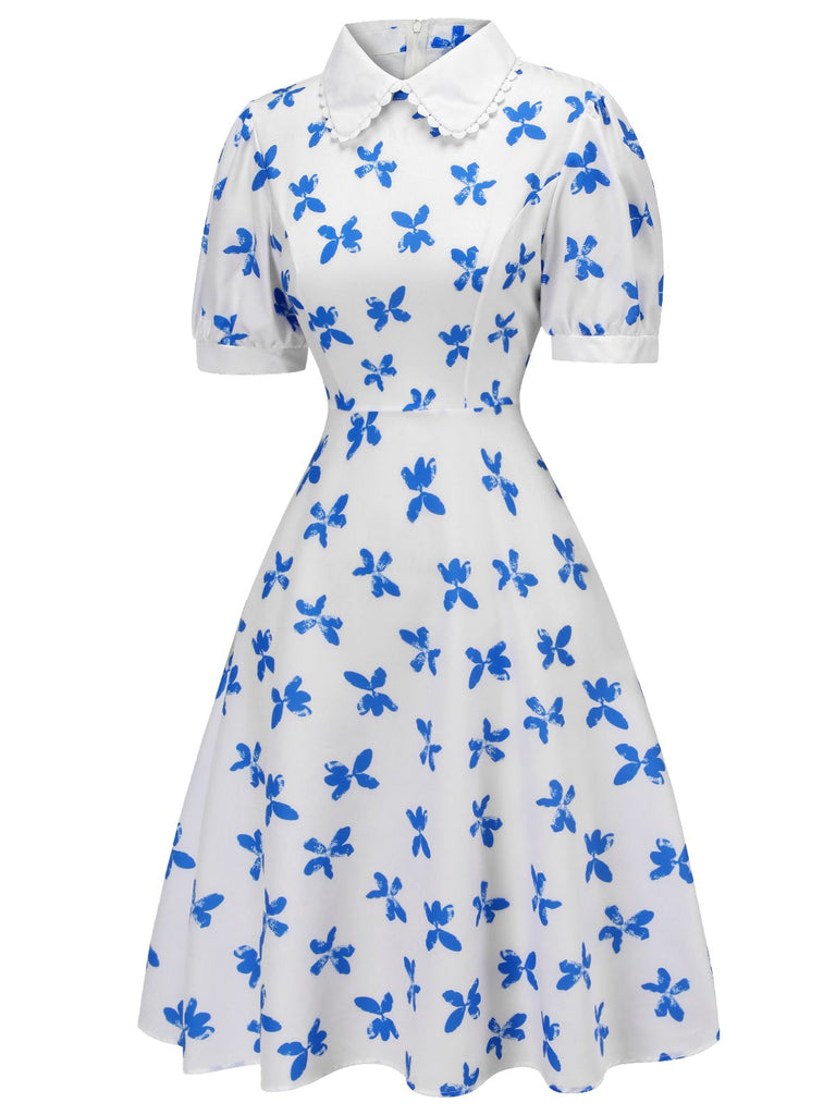 1940s Blue Butterfly Doll Neck Dress, vintage dress, retro fashion - perfect for women who love vintage and retro fashion