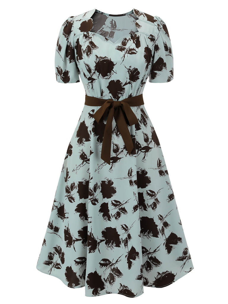 1940s Blue Floral Dress With Bow Belt, vintage dress, retro fashion, floral print - perfect for women who love vintage and retro fashion