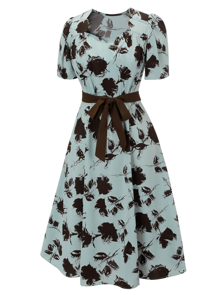 1940s Blue Floral Dress With Bow Belt, vintage dress, retro fashion, floral print - perfect for women who love vintage and retro fashion