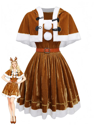 5PCS Brown 1940s Christmas Moose Cape & Velvet Dress - vintage dress, retro fashion