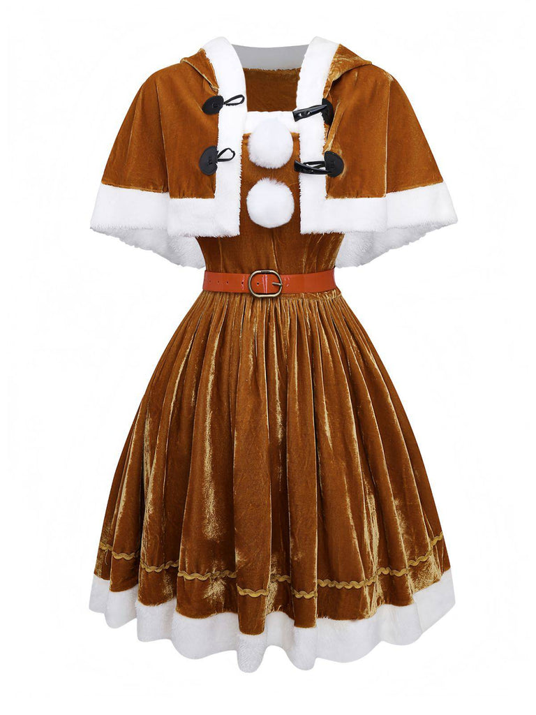 5PCS Brown 1940s Christmas Moose Cape & Velvet Dress - vintage dress, retro fashion