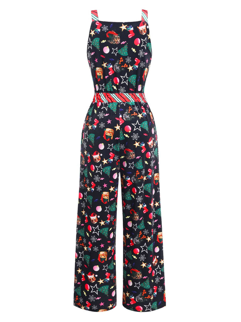This 1940s Christmas Cat Spaghetti Strap Velvet Jumpsuit whispers 1940s secrets to those who notice