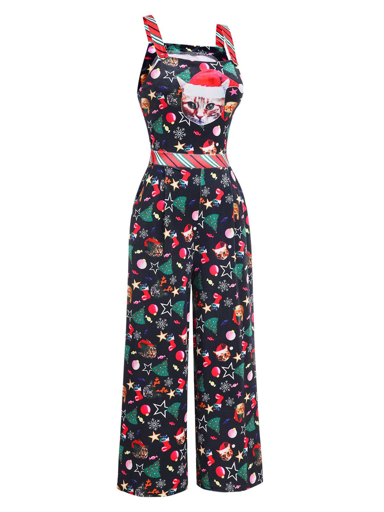 1940s Christmas Cat Spaghetti Strap Velvet Jumpsuit — 1940s style that transcends decades