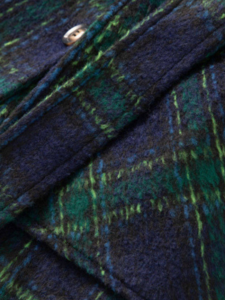 Green 1940s Notched Collar Blackwatch Plaid Long Coat - vintage fashion, retro style, classic black