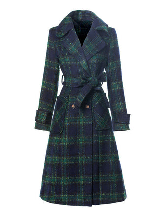 Green 1940s Notched Collar Blackwatch Plaid Long Coat - vintage fashion, retro style, classic black