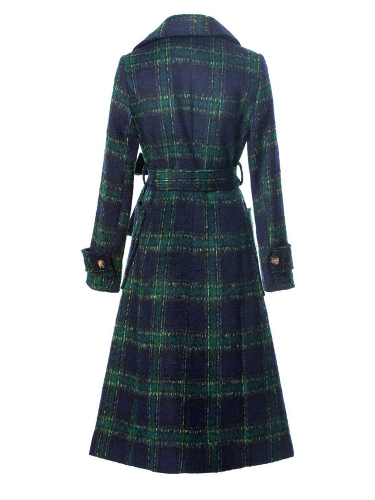 Green 1940s Notched Collar Blackwatch Plaid Long Coat - vintage fashion, retro style, classic black