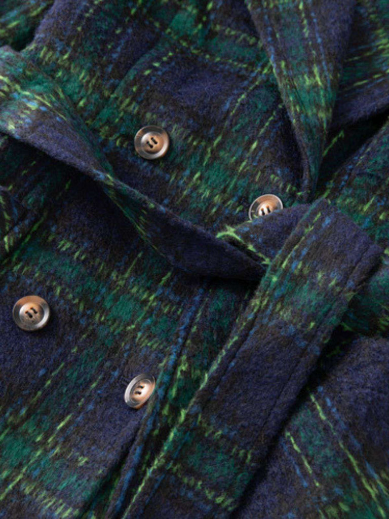 Green 1940s Notched Collar Blackwatch Plaid Long Coat - vintage fashion, retro style, classic black