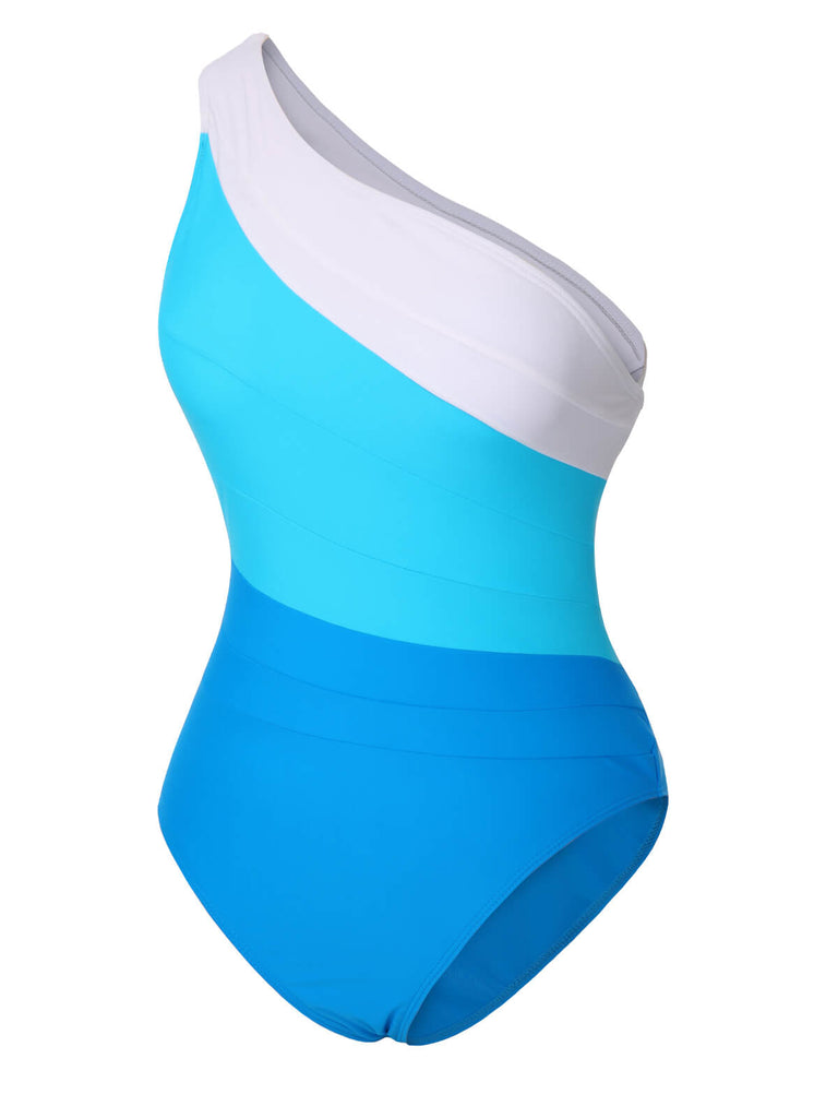 1940s Color Block One Shoulder One-Piece Swimsuit — 1940s poolside glamour meets sun-drenched confidence