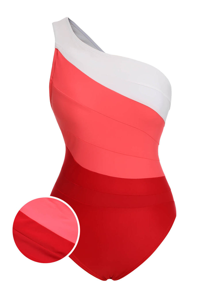 She's wearing 1940s Color Block One Shoulder One-Piece Swimsuit and the whole beach remembers the 1940s