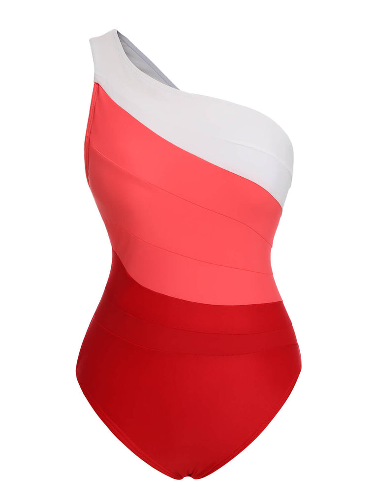 1940s Color Block One Shoulder One-Piece Swimsuit: 1940s Riviera elegance, reimagined for her