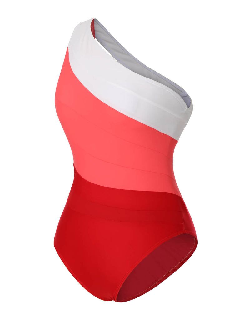 This 1940s Color Block One Shoulder One-Piece Swimsuit carries 1940s vacation dreams in every stitch