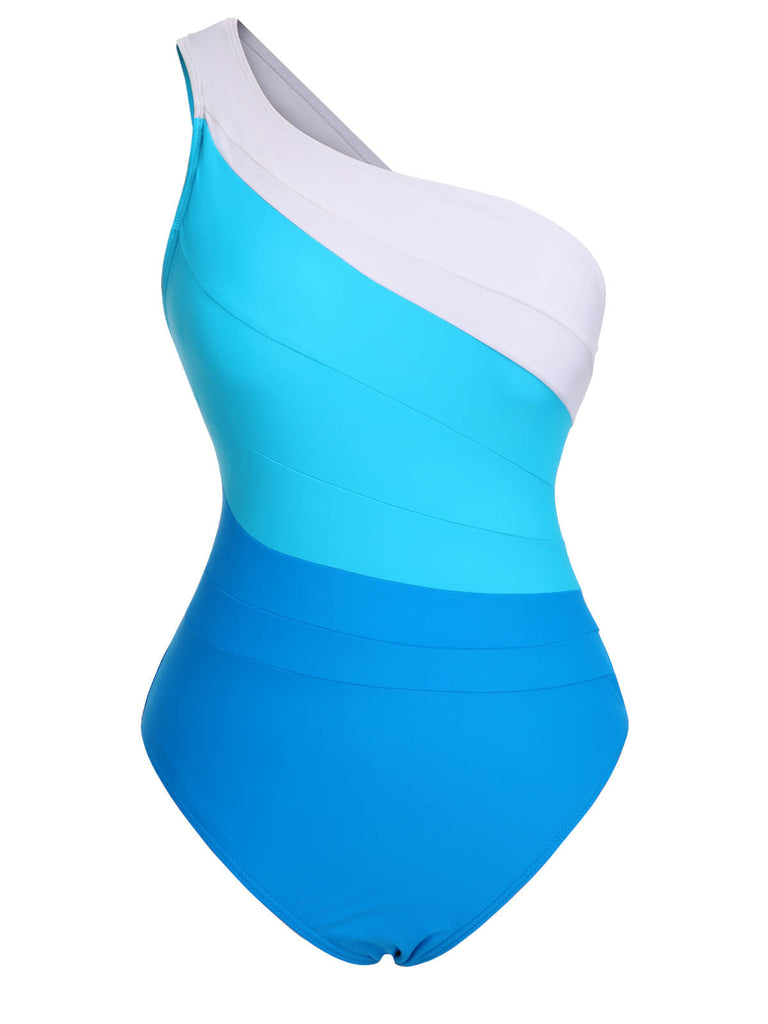 1940s Color Block One Shoulder One-Piece Swimsuit — because 1940s glamour never goes out of style