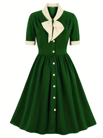 1940s Color Contrast Button Lapel Bow Dress: timeless style reimagined