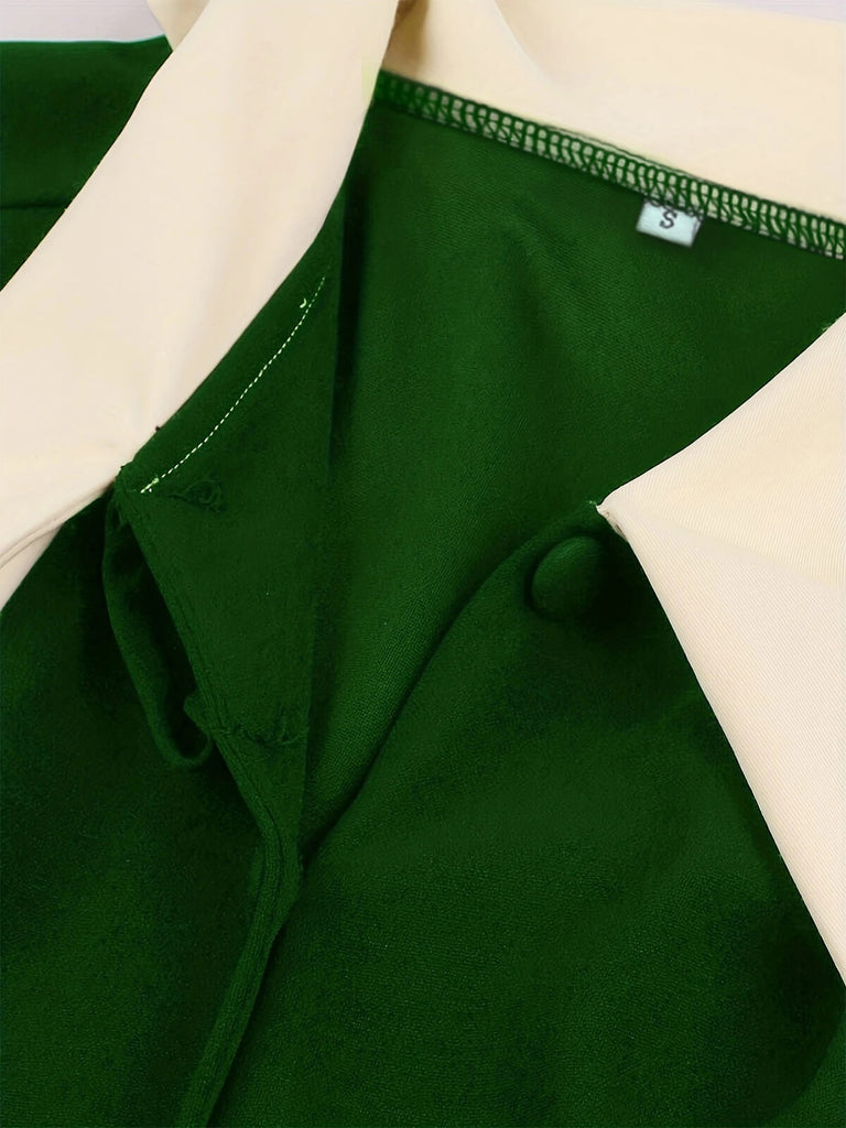 1940s Color Contrast Button Lapel Bow Dress: timeless style reimagined