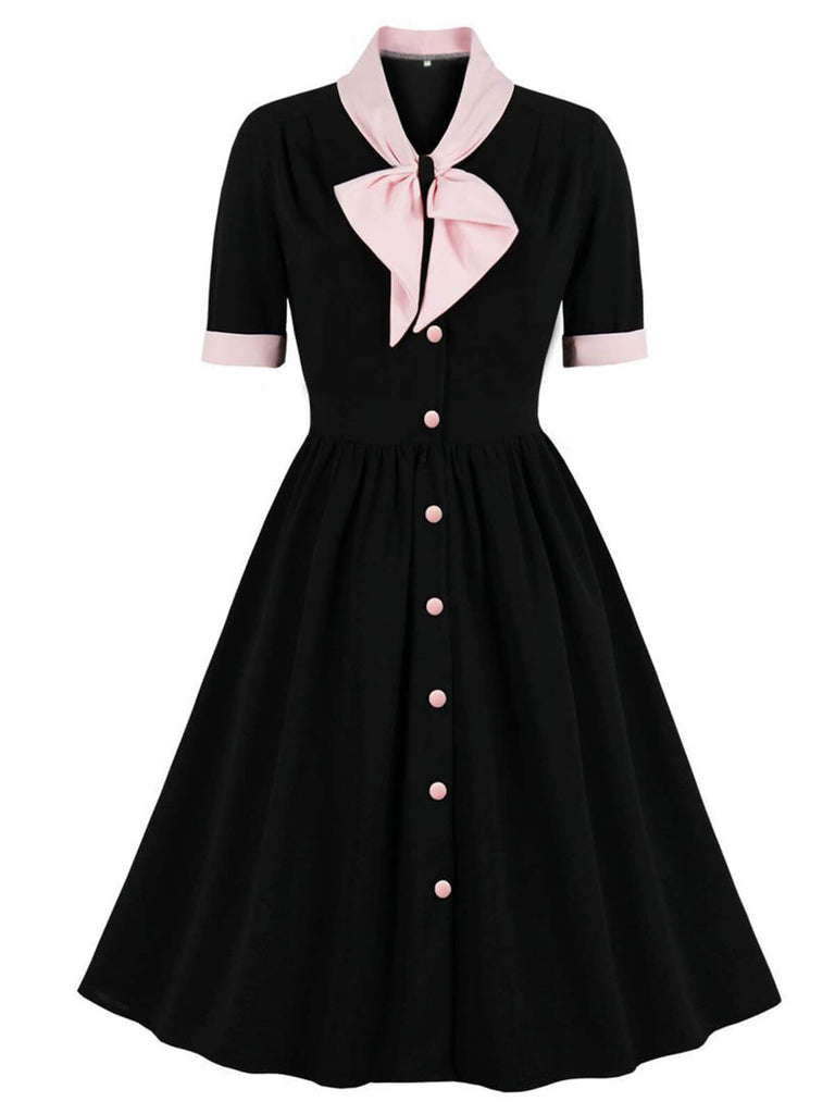 1940s Color Contrast Button Lapel Bow Dress — vintage elegance for the modern woman