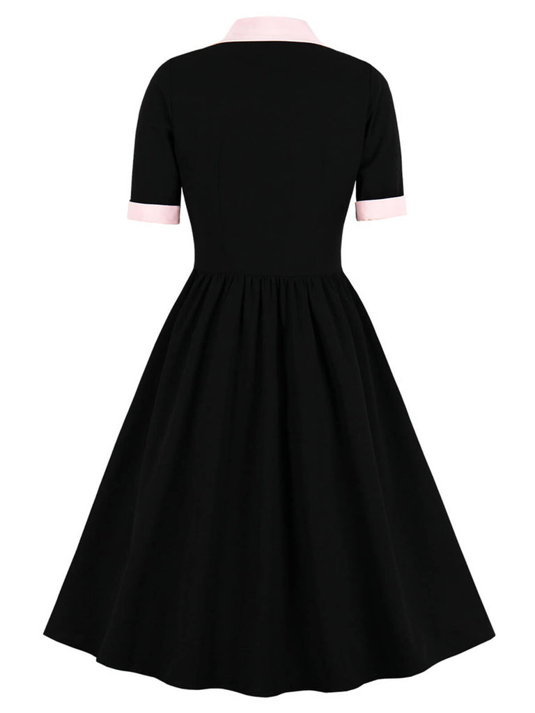 1940s Color Contrast Button Lapel Bow Dress: timeless style reimagined
