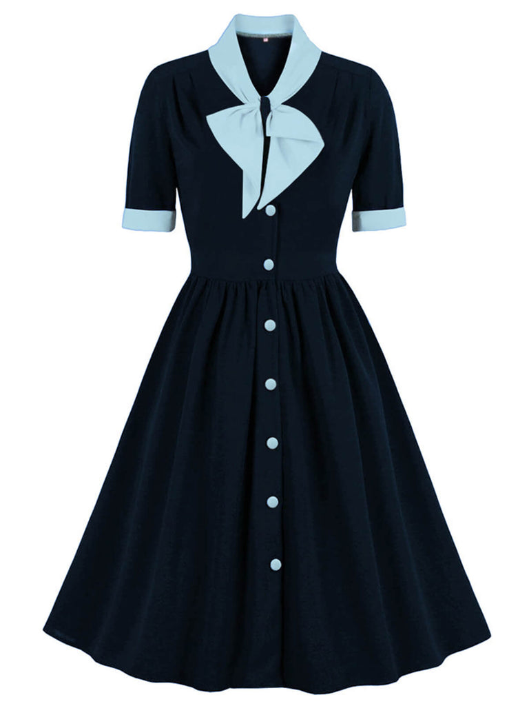 1940s Color Contrast Button Lapel Bow Dress: timeless style reimagined