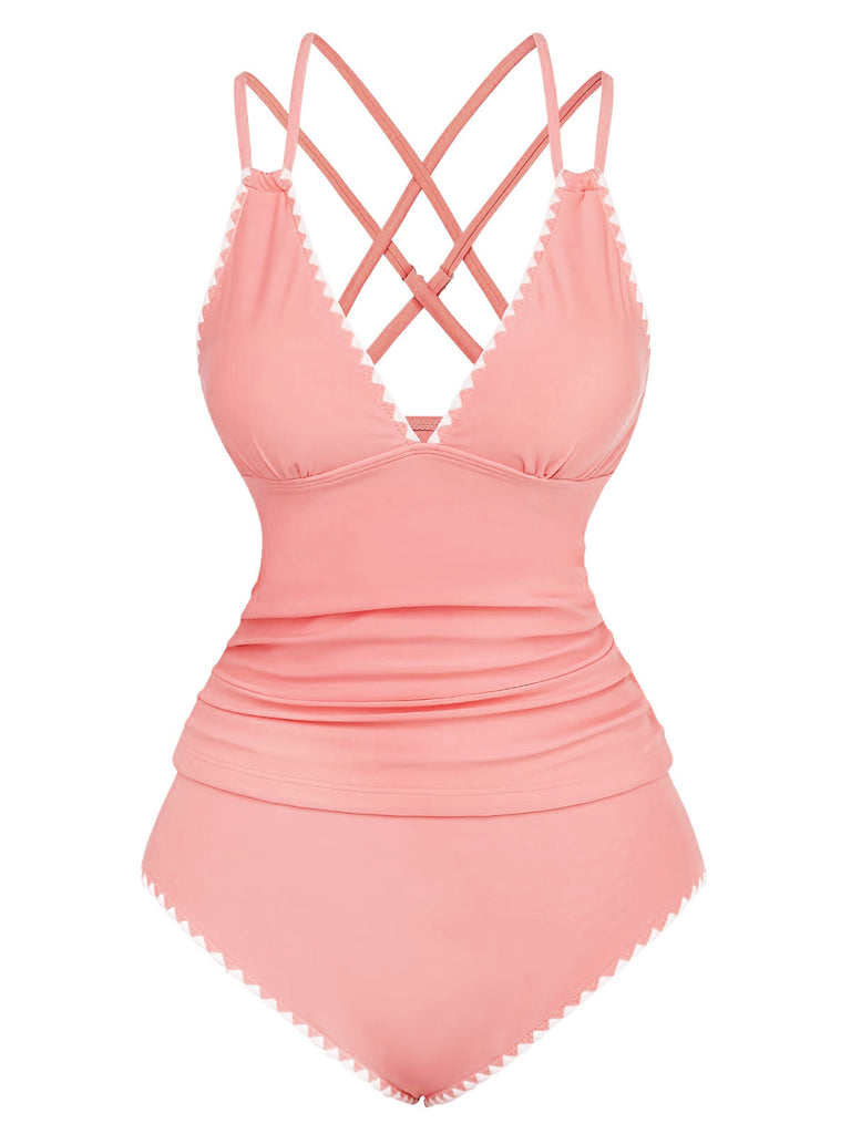 1940s Colorblock Deep V Crisscross Back Tankini Set - vintage fashion, retro style