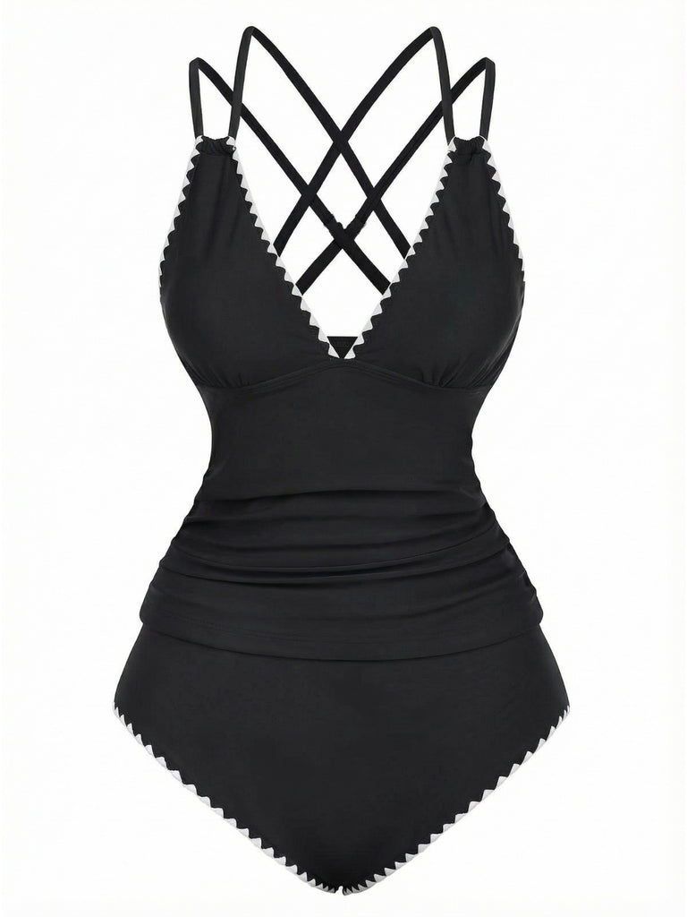 1940s Colorblock Deep V Crisscross Back Tankini Set - vintage fashion, retro style
