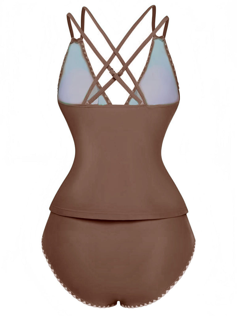 1940s Colorblock Deep V Crisscross Back Tankini Set - vintage fashion, retro style
