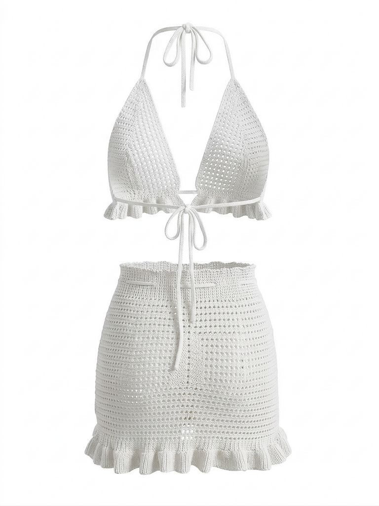 1940s Crochet Knit Ruffle Trim Cover-up Set, vintage set, retro outfit, matching ensemble, women, elegant