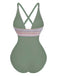 1940s Deep V-Neck Wavy Patchwork One-Piece Swimsuit - vintage swimsuit, pin-up style