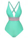 1940s Deep V-Neck Wavy Patchwork One-Piece Swimsuit - vintage swimsuit, pin-up style