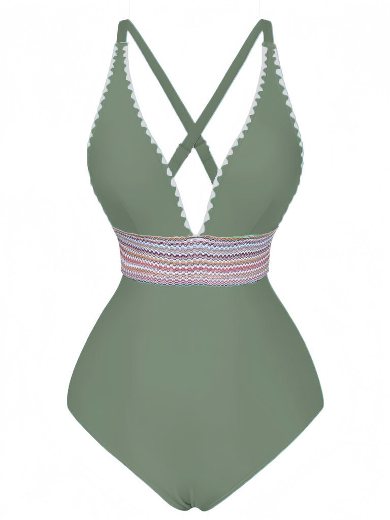 1940s Deep V-Neck Wavy Patchwork One-Piece Swimsuit, vintage swimsuit, pin-up swimwear - perfect for women who love vintage and retro fashion