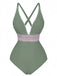 1940s Deep V-Neck Wavy Patchwork One-Piece Swimsuit, vintage swimsuit, pin-up swimwear - perfect for women who love vintage and retro fashion