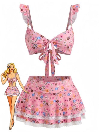 1940s Ditsy Floral Ruffle Strap Lace Trim Bikini Set, vintage swimsuit, pin-up swimwear - perfect for women who love vintage and retro fashion