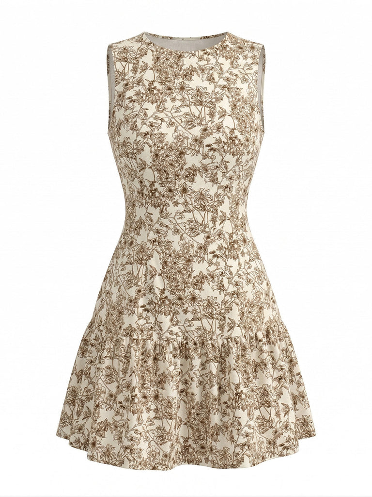 1950s Ditsy Floral Sleeveless Round Neck A-Line Dress, vintage dress, retro fashion, rockabilly, pin-up fashion, women, elegant