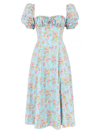 1940s Ditsy Floral Square Neck Slit Dress, vintage dress, retro fashion, floral print - perfect for women who love vintage and retro fashion
