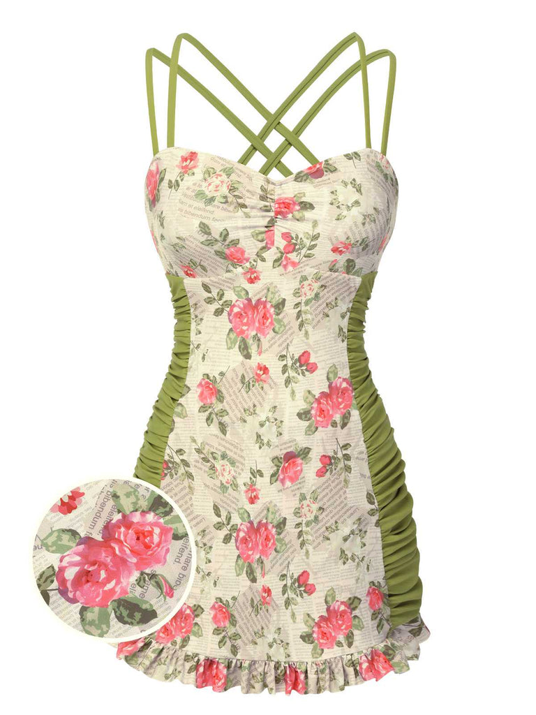 She's wearing 1940s Double Strap Pleated Roses One-Piece Swimsuit and the whole beach remembers the 1940s