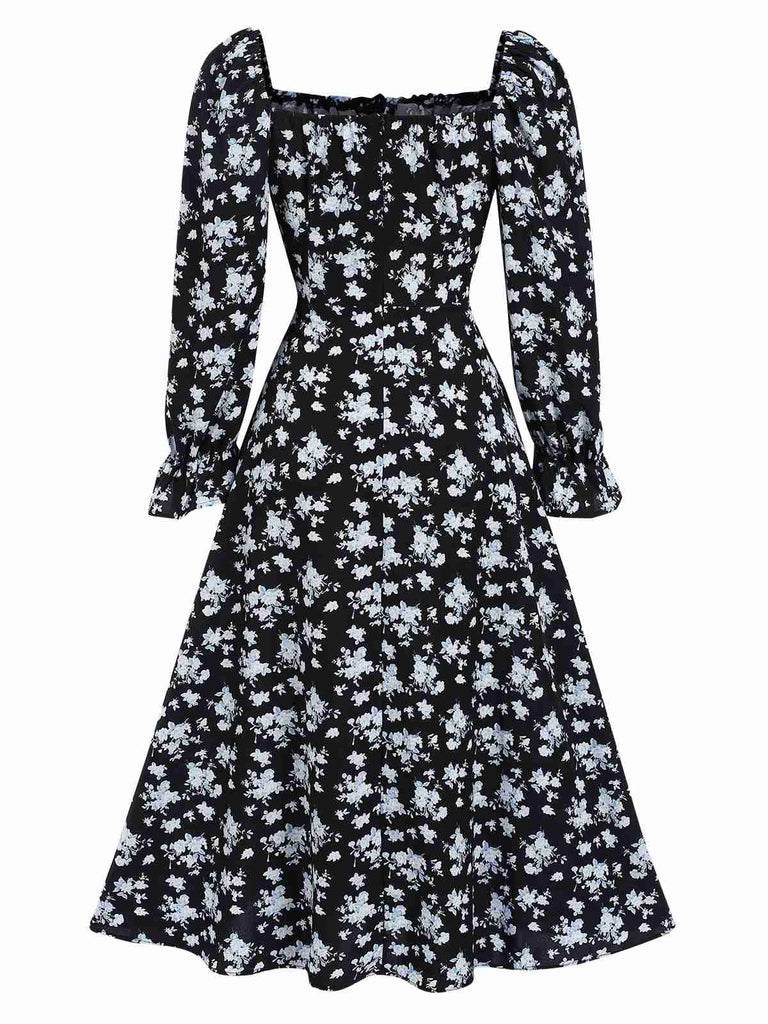 1940s Drawstring Slit Square Neck Floral Dress, vintage dress, retro fashion, floral print - perfect for women who love vintage and retro fashion