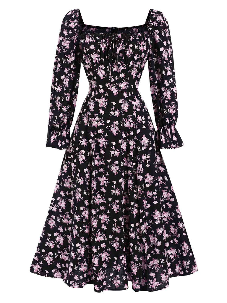1940s Drawstring Slit Square Neck Floral Dress — a 1940s silhouette that turns sidewalks into runways