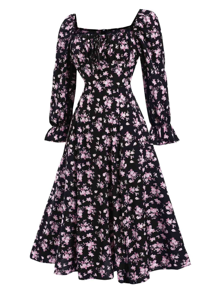 1940s Drawstring Slit Square Neck Floral Dress, vintage dress, retro fashion, floral print - perfect for women who love vintage and retro fashion