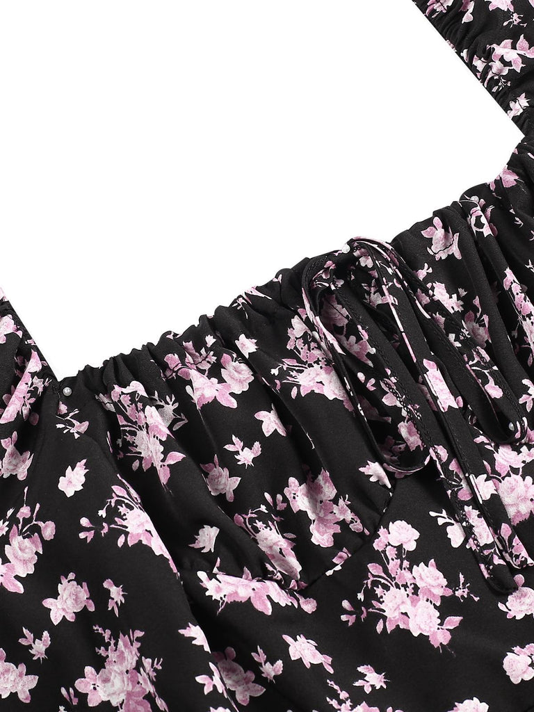 1940s Drawstring Slit Square Neck Floral Dress, vintage dress, retro fashion, floral print - perfect for women who love vintage and retro fashion