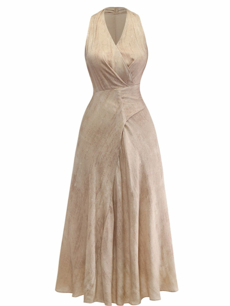 Apricot 1940s Linen V-Neck Sleeveless Belted Maxi Dress - vintage dress, retro fashion