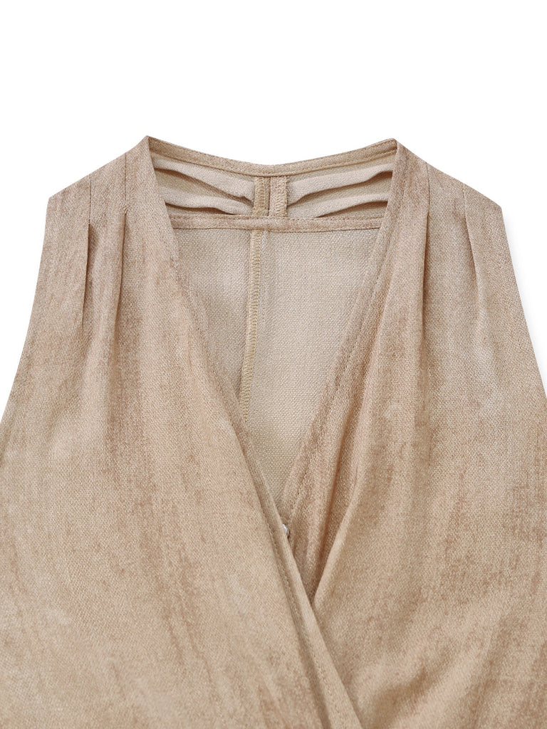 Apricot 1940s Linen V-Neck Sleeveless Belted Maxi Dress - vintage dress, retro fashion