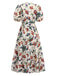 Beige 1940s Flowers & Birds Print Puff Sleeves Dress - vintage dress, retro fashion